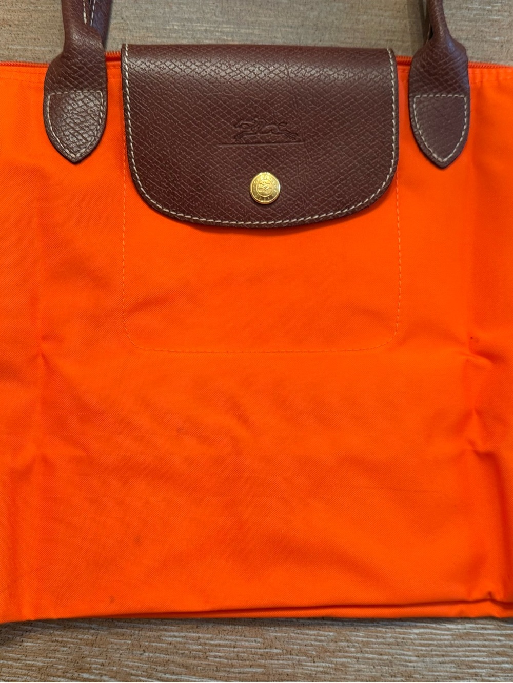 Longchamp Le Pliage Orange Nylon Brown Leather Tote Handbag 14x10x5 - Picture 6 of 10